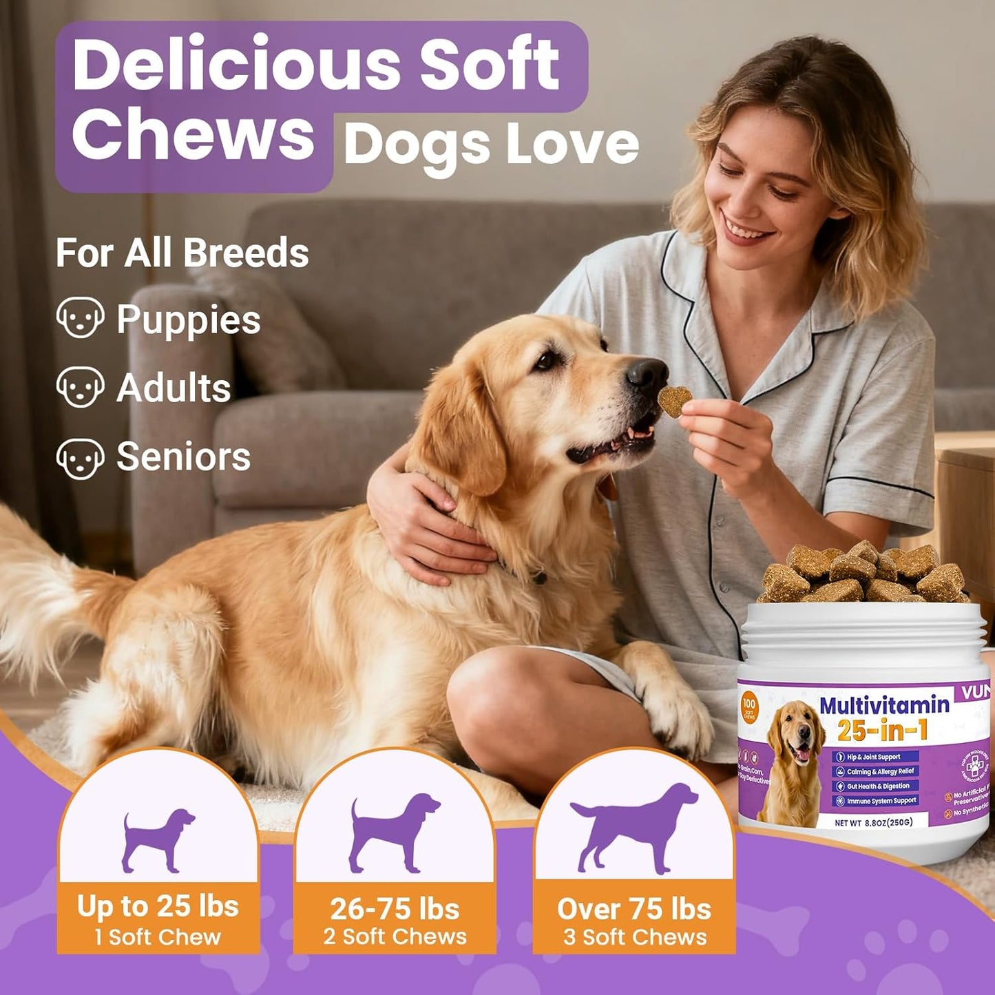 Dog Multivitamin 25 in 1 Chewable Dogs Vitamins Supplements Treats for Pet Omega-3 Glucosamine Vitamin for Puppy Supplies Skin Coat, Heart, HIPS & Joints, Digestion & Immune System 100pcs