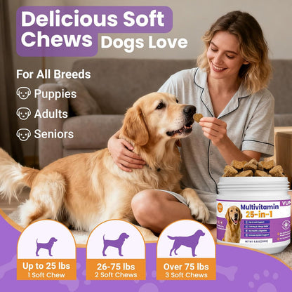 Dog Multivitamin 25 in 1 Chewable Dogs Vitamins Supplements Treats for Pet Omega-3 Glucosamine Vitamin for Puppy Supplies Skin Coat, Heart, HIPS & Joints, Digestion & Immune System 100pcs