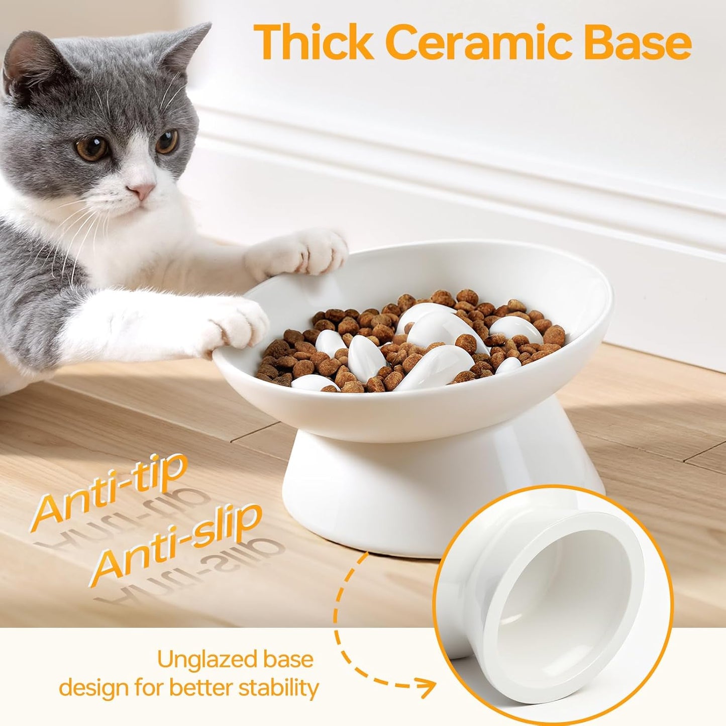 PETTOM Slow Feeder Cat Bowl, Ceramic Raised Cat Slow Feeder Bowl, Elevated, Anti Vomiting for Dry and Wet Food, White (1 Pack)