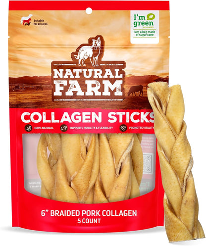 Natural Farm Braided Pork Collagen Dog Chews (5 Pack), Flavorful Braided Pork Collagen Sticks, Natural Dog Chews, Long Lasting, for Small, Medium, and Large Dogs, Odor-Free Rawhide Alternative
