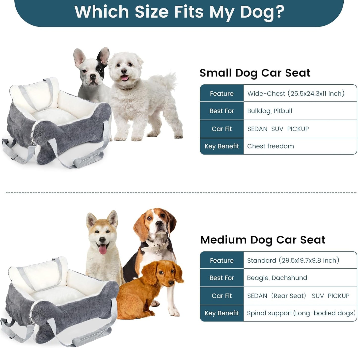 29.5"x19.7"x9.8" Dog Car Seat for Middle Dogs & Cats, Car Seat for Dogs with Plush Cushion, Non-Slip Bottom & Safety Leash, Cat & Dog Bed with Side Pocket for Sedan, SUV and Truck, Washable