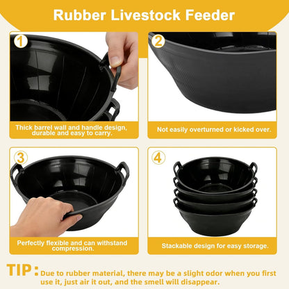 6Pcs Rubber Feed Pan with Handle, 3 Gallon / 12 Quart Rubber Feed Pan Utility Horse Feed Bucket for Cats Dogs Goats Chicken Dust Bath Container Animal Feeding Watering Bowl