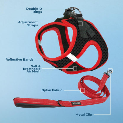 Best Pet Supplies Voyager Step-in Air All Weather Mesh Harness and Reflective Dog 5ft Leash Combo with Neoprene Handle, for Small, Medium and Large Breed Puppies - Set (Red Trim), X-Small