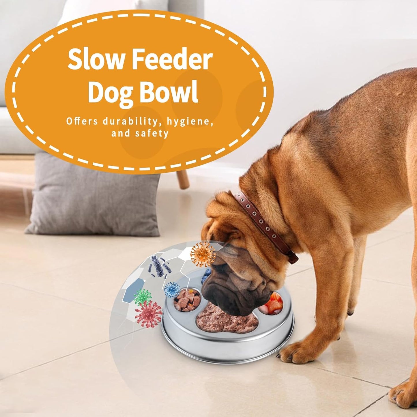 Slow Feeder Dog Bowl - 2-in-1 Stainless Steel Pet Bowl (8.27"x1.57", 33.8oz) with Non-Slip Base - Reversible Paw Design for Small/Medium/Large Dogs - Helps Slow Fast Eating for Dry & Wet Food