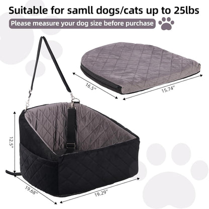 Small Dog Car Seat Booster Soft Thick Cushion for Pets Under 30lbs Detachable & Machine Washable 2 Safety Belts & Storage Pockets Secure Travel Bed for Compact Cars