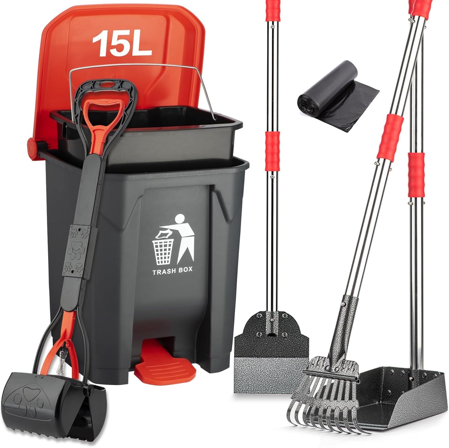 Pooper Scooper Set,Dog Poop Tray and Rake Set for Large & Small Dogs Dog Pooper Scooper 15 Litre Step Dog Poop Trash Can Outside W/Removable Inner Bucket with 20 Waste Bags