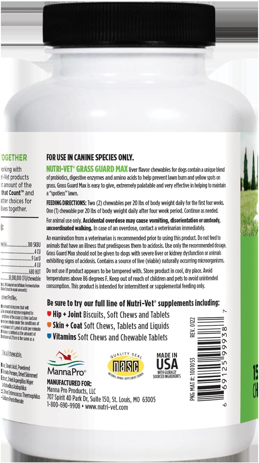 Nutri-Vet Grass Guard Chewables, Lawn Burn Prevention, Dog Urine Neutralizer for Grass, Gut Health Support with Probiotic and Enzymes, Dog Probiotics, Pet Supplement Tablets, 150 Count (Pack of 2)