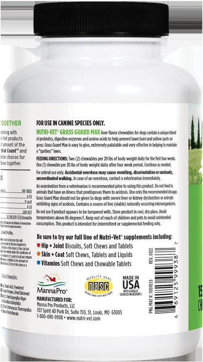 Nutri-Vet Grass Guard Chewables, Lawn Burn Prevention, Dog Urine Neutralizer for Grass, Gut Health Support with Probiotic and Enzymes, Dog Probiotics, Pet Supplement Tablets, 150 Count (Pack of 2)