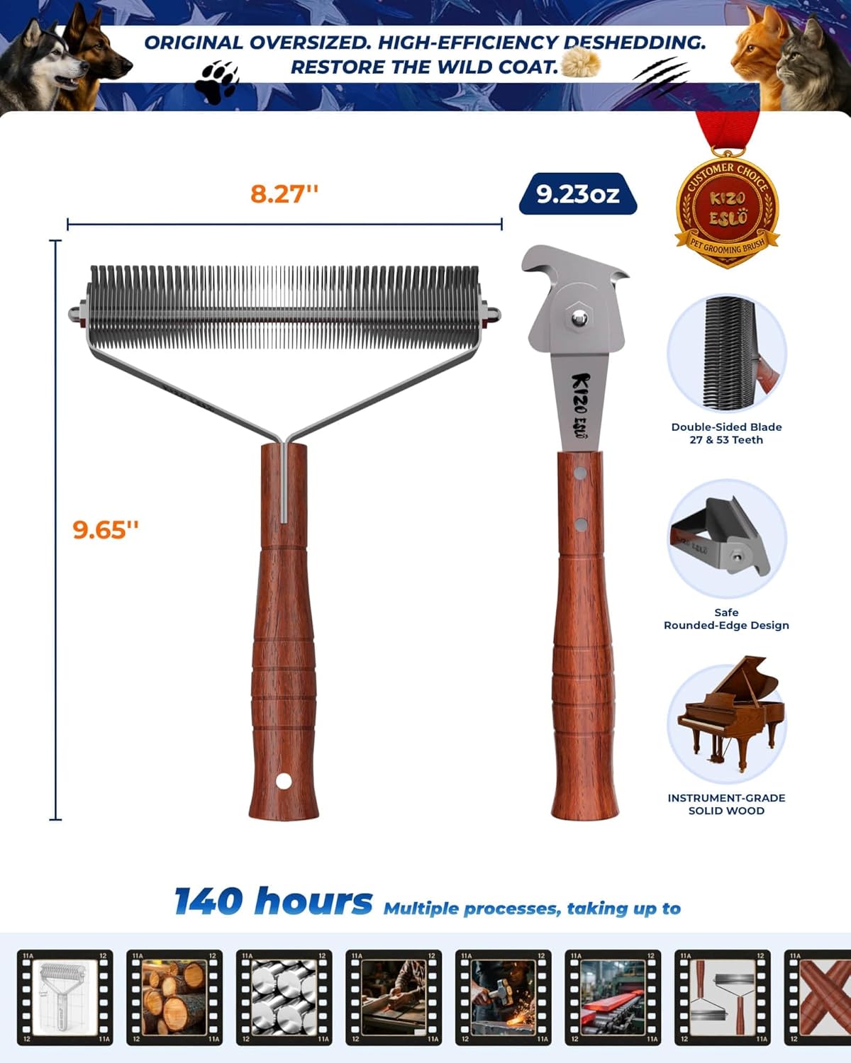 Oversized 2-Sided Dog Brush For Shedding Undercoat Rake for Dogs & Cats & Horses, Remove Mats,Dematting Comb, Grooming Brush for German Shepherds Medium to Long-Haired Pets(African Padauk Handle)