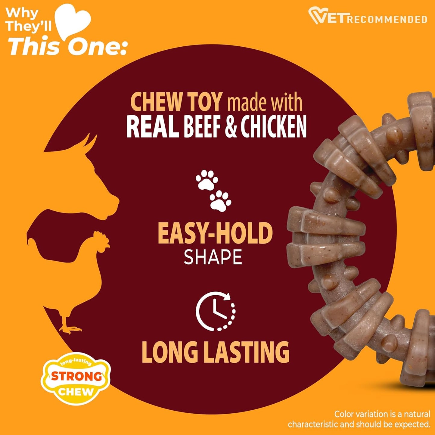 Nylabone Textured Ring Strong Chew Toy for Dogs Made with Real Beef & Chicken, Durable Dog Chew Bones for Aggressive Chewers, Keeps Dogs Busy, X-Large Dog Toys - 50+ lbs, 1 Count