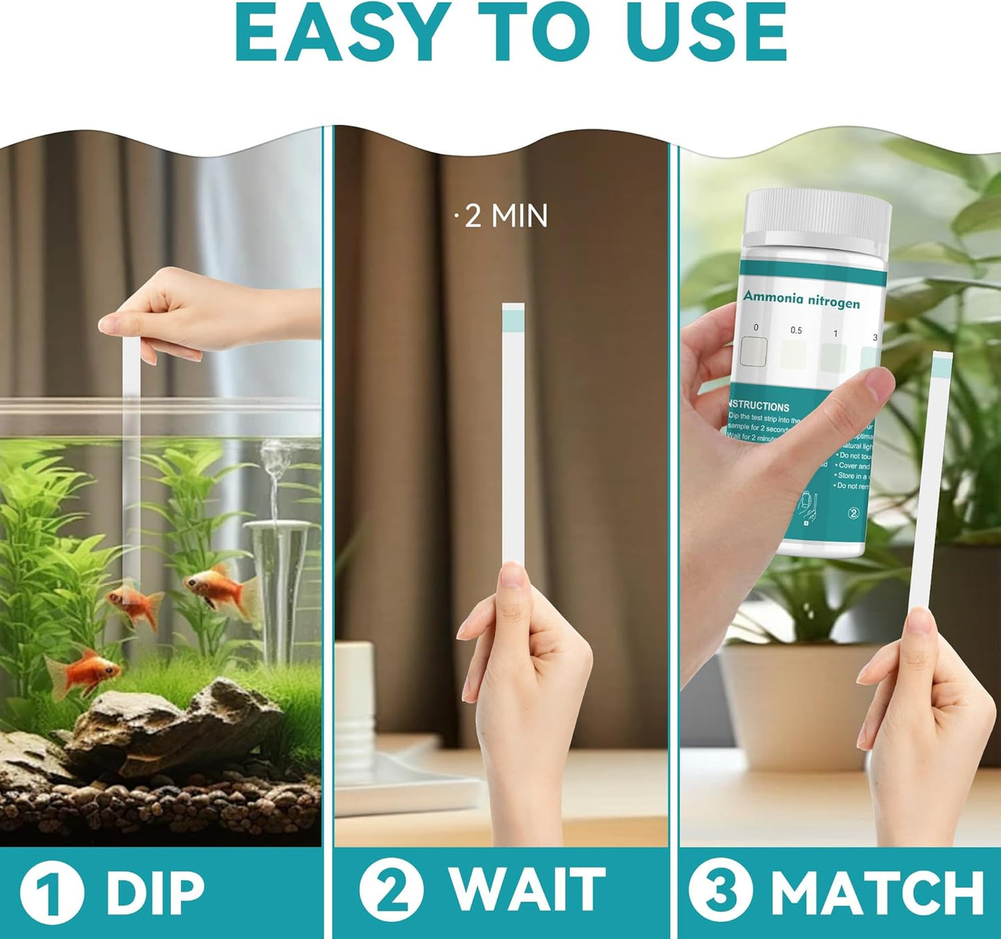 Ammonia Test Strips,60 Strips Aquarium Test Kit for Fish Tanks & Ponds, Quick & Accurate Freshwater Saltwater Testing Strips