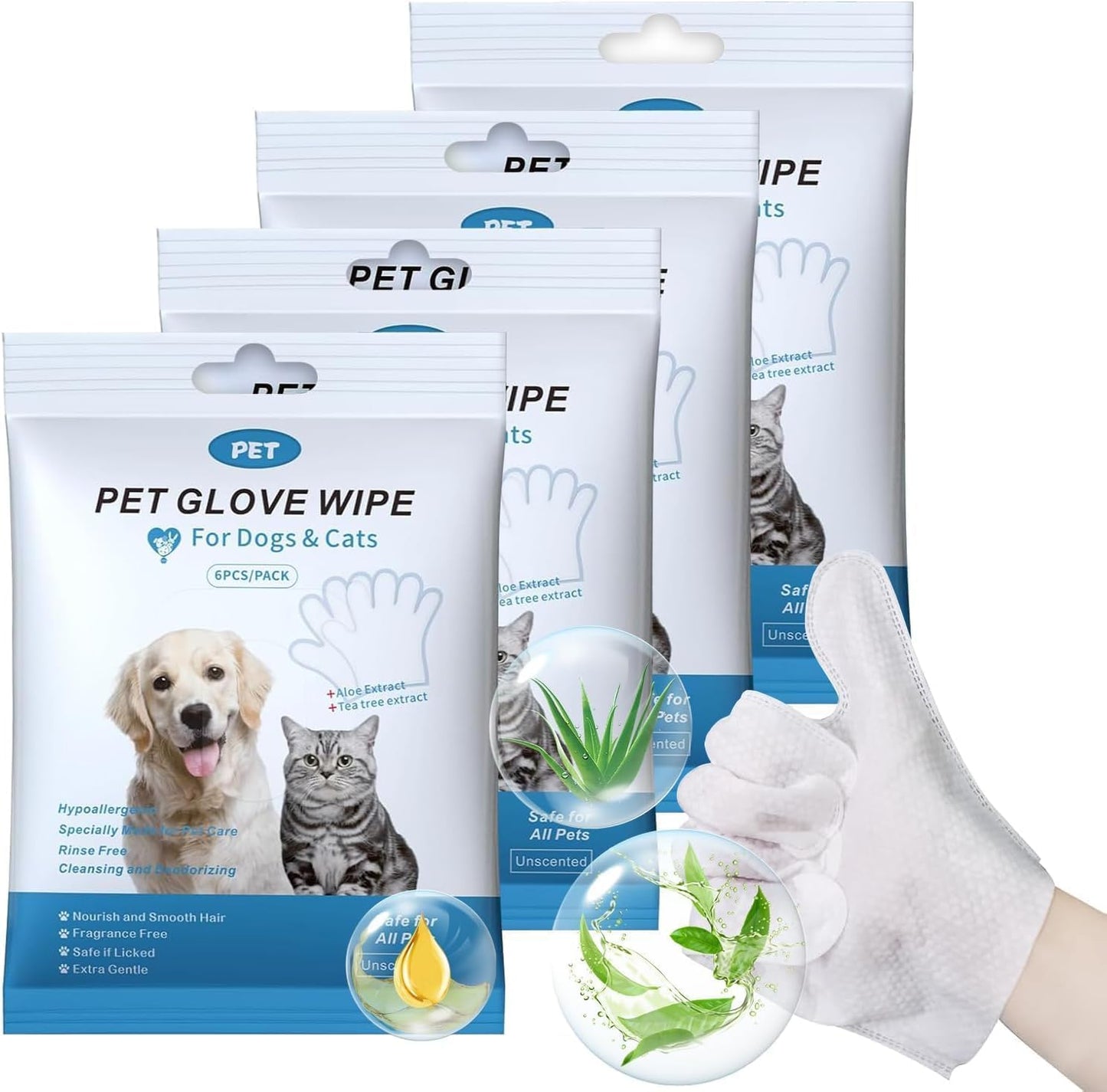 HONGYEE【4 Packs/24 Sheets Pet Thick Glove Wipes, Disposable Pet Cleaning Wipes, Odorless and Fragrance-Free, Suitable for Daily Care, Cleaning, and Grooming of Dogs and Cats