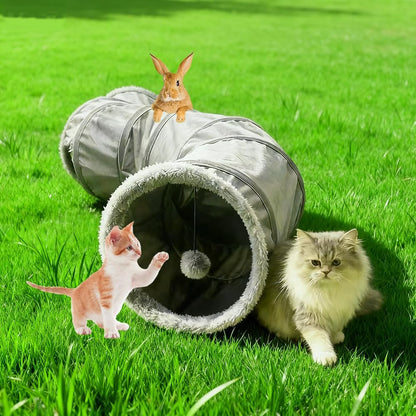 Pet Cat Tunnel Tube Toy Kit, 2 Way Grey Plush Collapsible Long Tunnels for Multi Cats Play, Interactive Maze Hideout for Puppy, Kitty, Kitten, Rabbit with Ball and Wand Toys