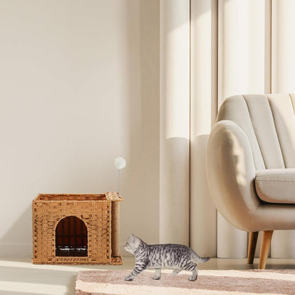 Rattan Cat Bed Cave Indoor Kitten House, Handwoven Hidden Cat Litter Box Enclosure Furniture, 18.5 x 13.78 x 12.6 Inches Pet Cube House, Foldable, Hideaway, with Fluffy Ball and Sisal Post
