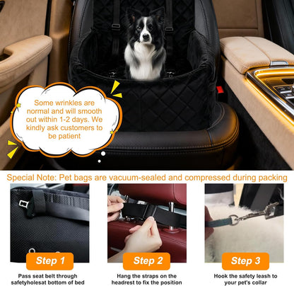 Dog Car Seat for Small/Medium Dogs, Memory Foam Dog Booster Seat up to 35lbs, Detachable Washable Pet Car Seat with Storage Pockets, Portable Pet Travel Bed with Seat Belt, Anti-Slip Base Black