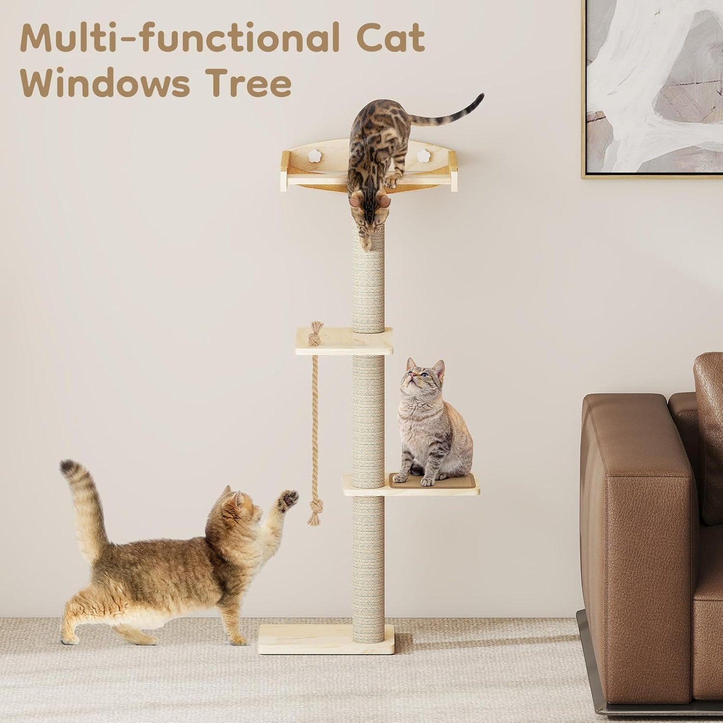 Cat Window Perch with Scratching Post & Step, 47" Adjustable Window Perch for Large Cats, Cat Hammock for Window with Suction Cups, Multi-Level Cat Tree for Climbing, Sunbath, Bird Watching