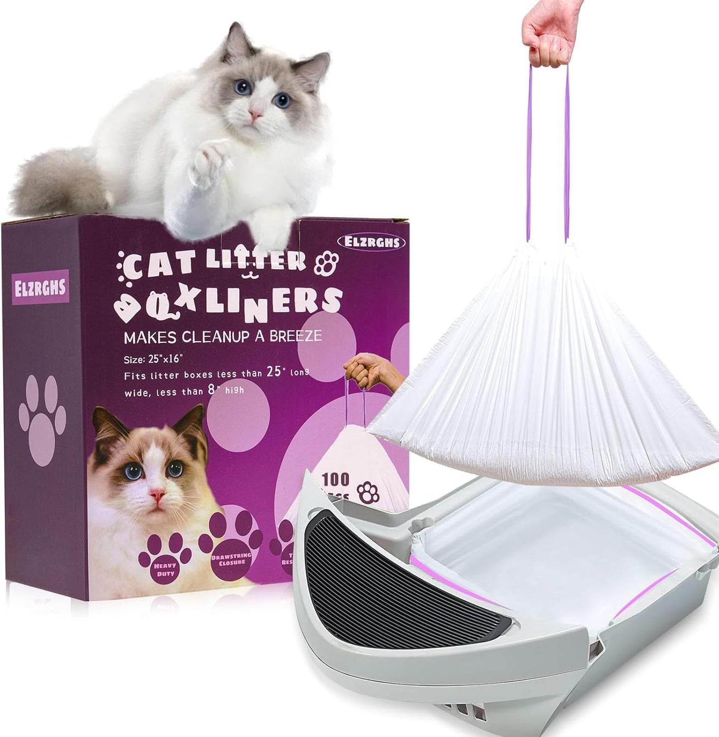 100 Pack Drawstring Cat Litter Box Liners Compatible with Litter-Robot 3/4, Waste Bags Heavy Duty for Automatic Self Cleaning Litter Box