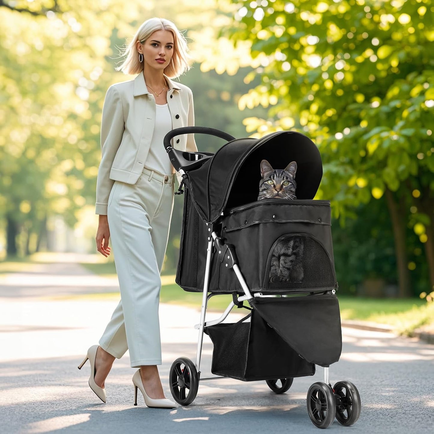 Smug 3 Wheels Pet Stroller, Cats and Dog Strollers with Storage Basket and Cup Holder, Breathable Mesh, Lightweight Travel Carrier, Waterproof and Foldable for Small Pets Outdoor Walk, Black