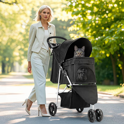 Smug 3 Wheels Pet Stroller, Cats and Dog Strollers with Storage Basket and Cup Holder, Breathable Mesh, Lightweight Travel Carrier, Waterproof and Foldable for Small Pets Outdoor Walk, Black