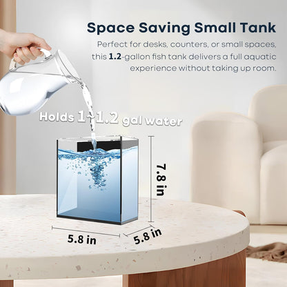 Desktop Small Aquarium Set Glass Fish Tank 1.25 Gallon, Heater Water Pump Filter Bright LED Light Gravel Cleaning Tool, Starter Kit Small Space Easy Setup Space-Saving Design Betta Shrimp