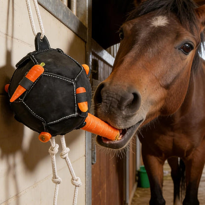 Horse Feeder Ball Toy, Interactive Adjustable Pet Slow Feeding Supplies, 15cm Carrot Feeder Ball Toy with Durable Material, Hanging Clip with Adjustable Opening, for Horses Goats Sheep Stables