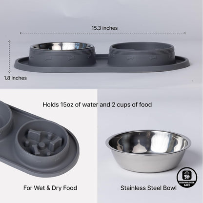 MalsiPree Cat & Dog Slow Feeder Bowl – Improve Digestion – Stainless Steel Water Bowl & Anti-Spill Silicone Mat – for Small & Medium Breeds – 15 oz - Puppy Slow Feeder