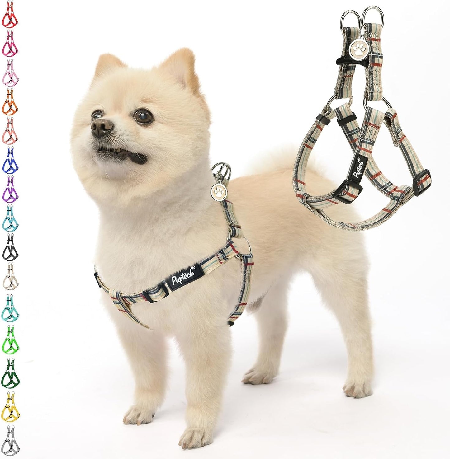 PUPTECK No Pull Dog Harness Soft Adjustable Basic Nylon Step in Puppy Vest Outdoor Walking with ID Tag, Plaid Beige, XS