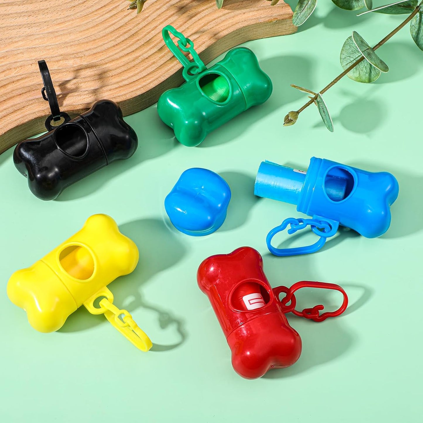 50 Pcs Bone Shape Dog Poop Bag Dispenser with Leash Hook Plastic Leak Proof Pet Waste Bag Holder for Walking Hiking Camping, 5 Colors