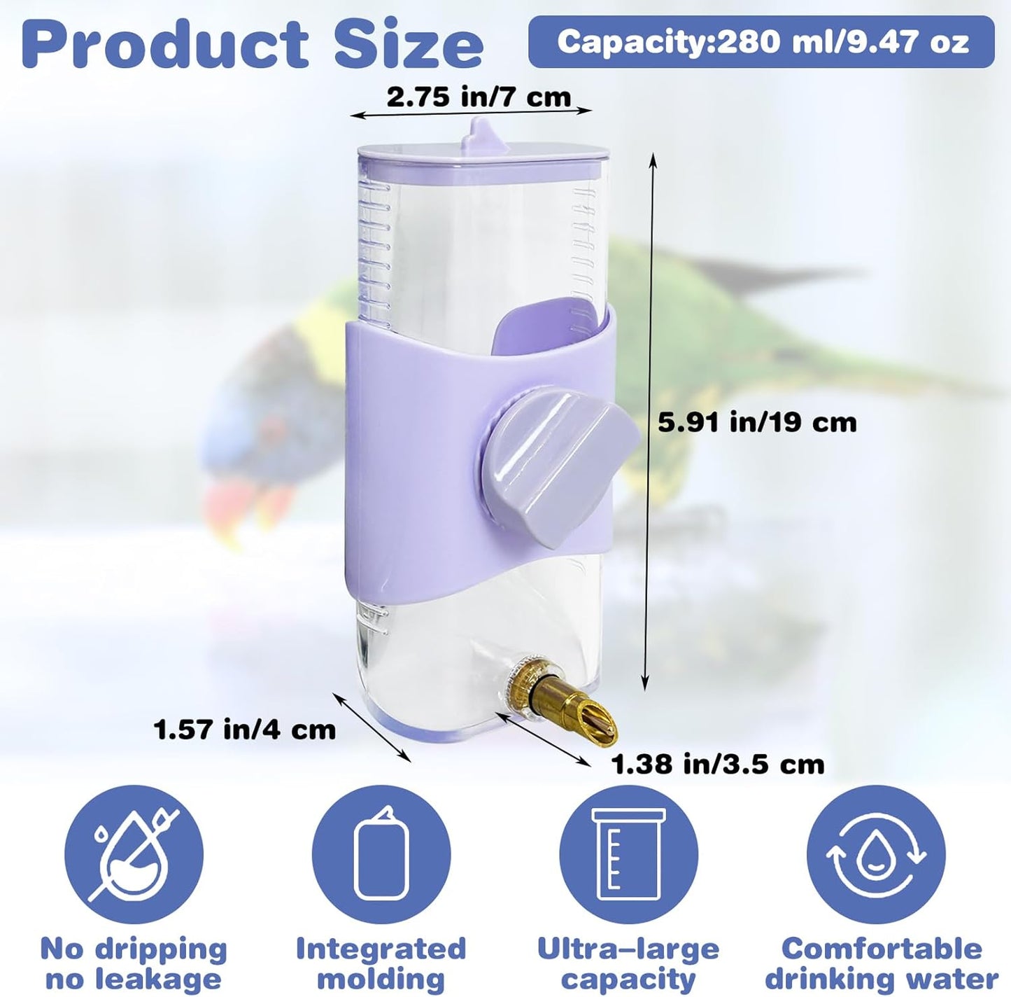 PINVNBY Bird Water Dispenser 9.47 Fl Oz Automatic Parrot Water Feeder Suspended Water Dispenser Bird Cage Accessories for Parakeet Budgie Lovebird Cockatiel Finch (Purple)
