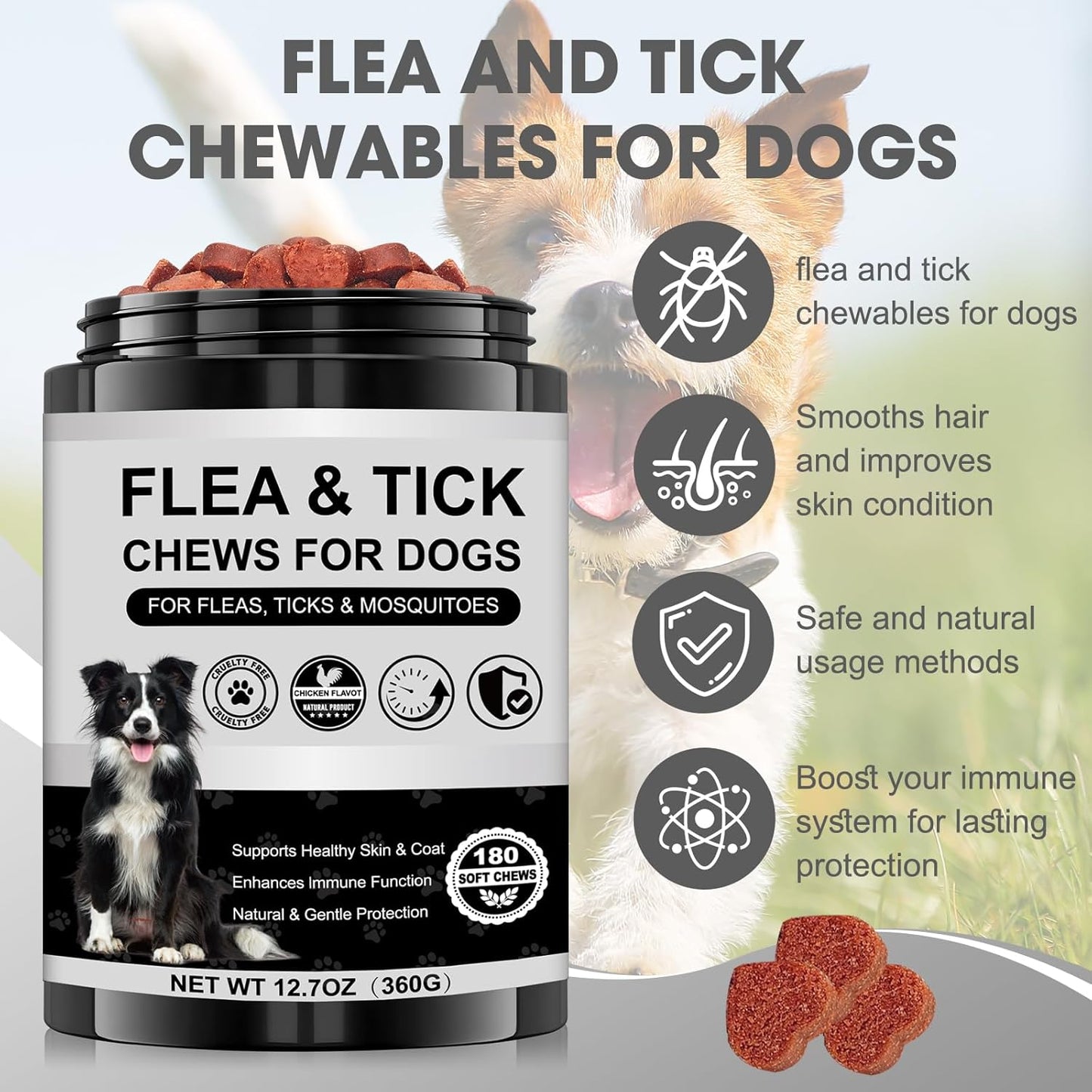Dog Flea and Tick Chewable Supplement + Tether Tug Outdoor Dog Toy with Upgraded Steel Stake