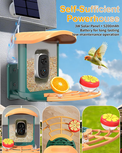 Bird Feeder with Camera, 2K HD Camera Birds Feeder with AI Bird Recognition, Solar Powered Smart Birdfeeder with App Control, Color Night Vision, Gift Box Package, Easy Install & Family Sharing