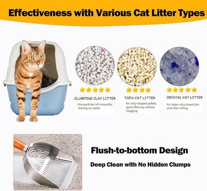 Cat Litter Scoop Metal 304 Stainless Steel, One-Piece Pressed Design with No Weld Spots, Durable Anti-Break Handle, Dual Slot Sizes, with Holder Stand, Easy to Clean, Filters Small Litter Clumps