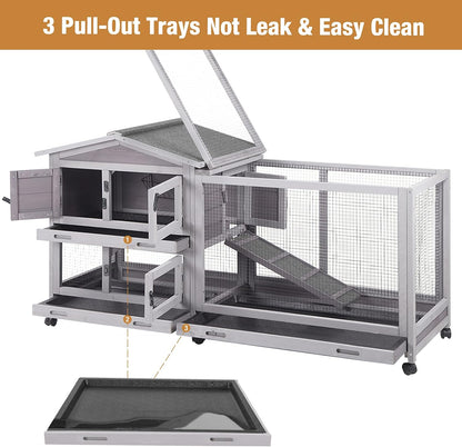 Bunny Cage Indoor and Outdoor Rabbit Hutch with Casters Waterproof Roof, Pull Out Tray from Back and Front 61.2" L x 22.6" W x 33.5" H