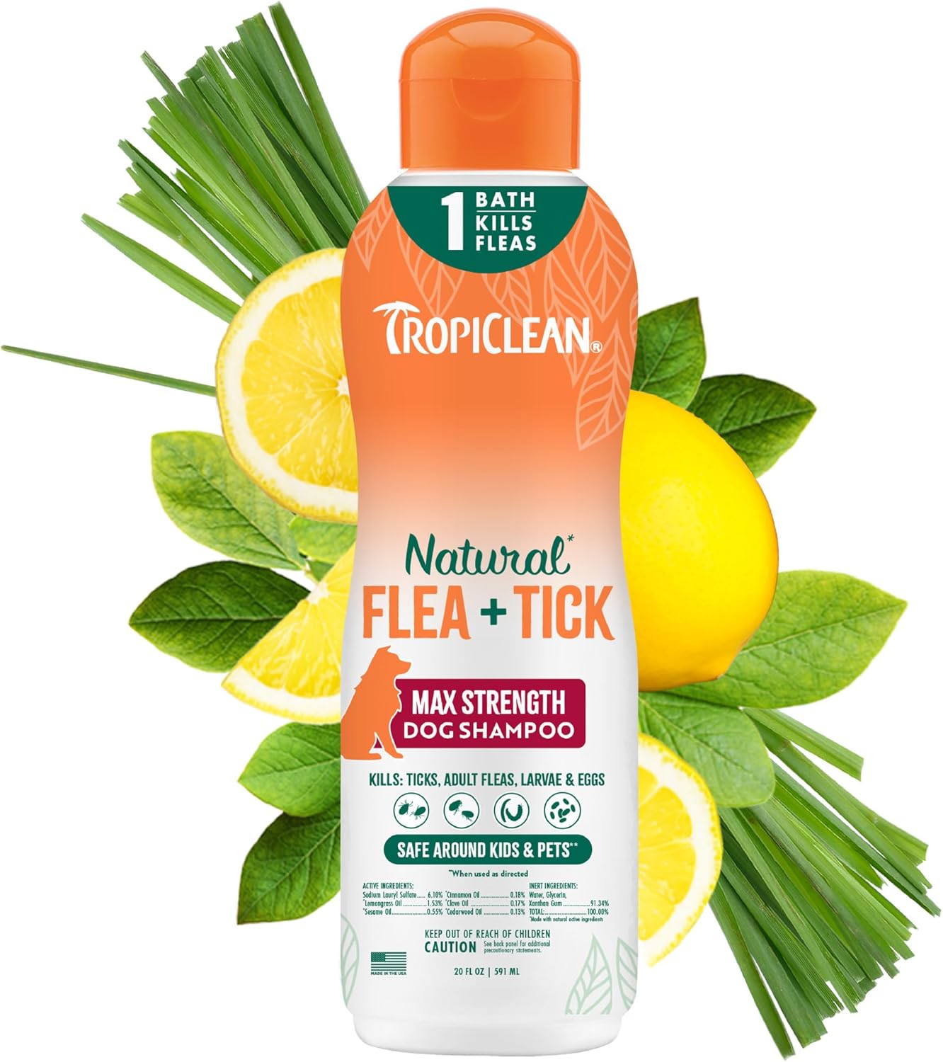 TropiClean Max Strength Flea and Tick Shampoo Treatment for Dogs, Powerful & Natural Defense, Prevention for Large & Small Dogs, Made in USA, 20oz