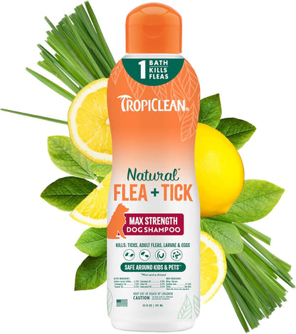 TropiClean Max Strength Flea and Tick Shampoo Treatment for Dogs, Powerful & Natural Defense, Prevention for Large & Small Dogs, Made in USA, 20oz