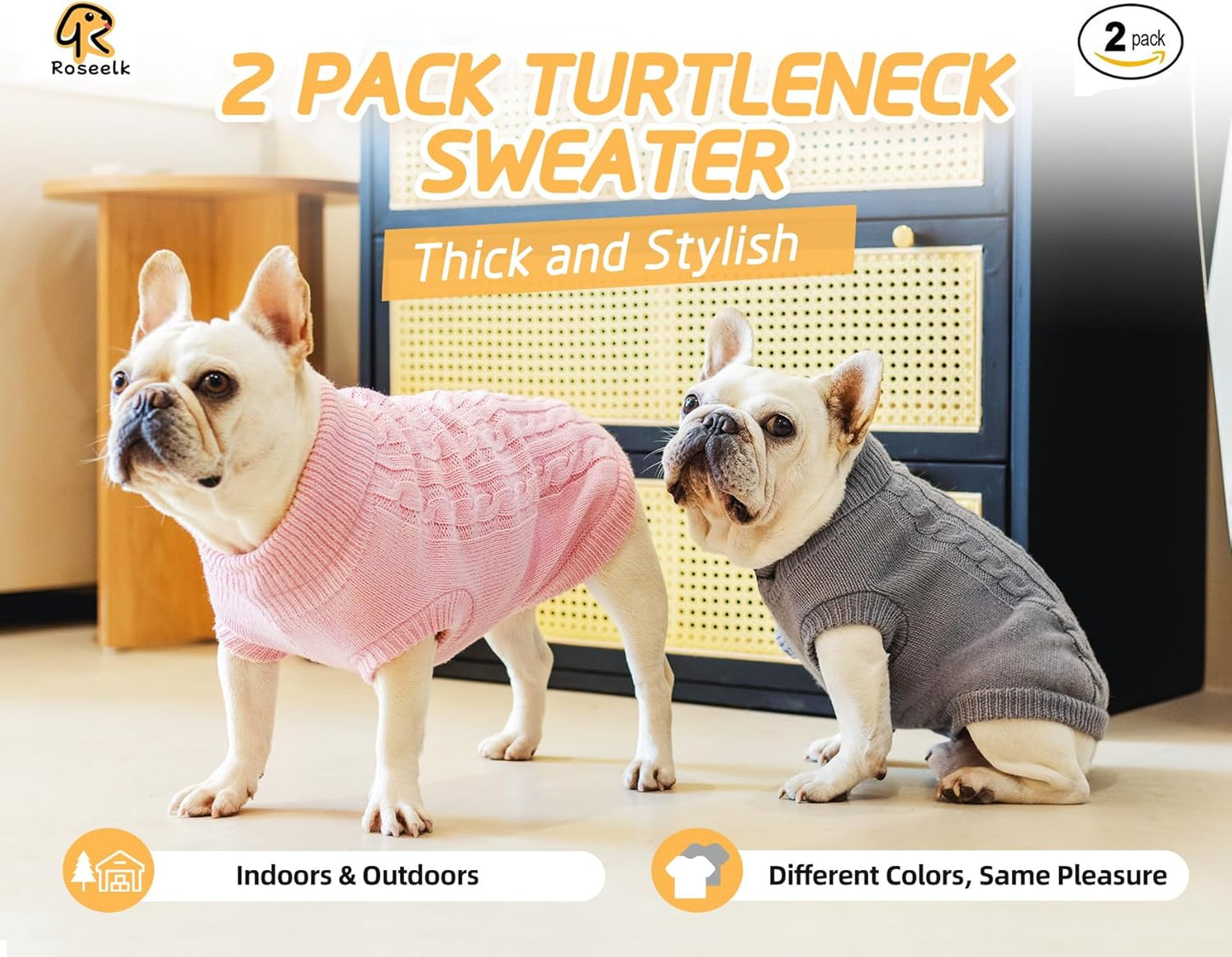 2 Pack Dog Sweaters for Small Dogs - Puppy Medium Warm Clothes in Winter, Turtleneck Pullover Design for Boy Girl Pet, Doggie, Cat, Kitten Chihuahua Bulldog Pug Beagles (S, Grey, Pink)