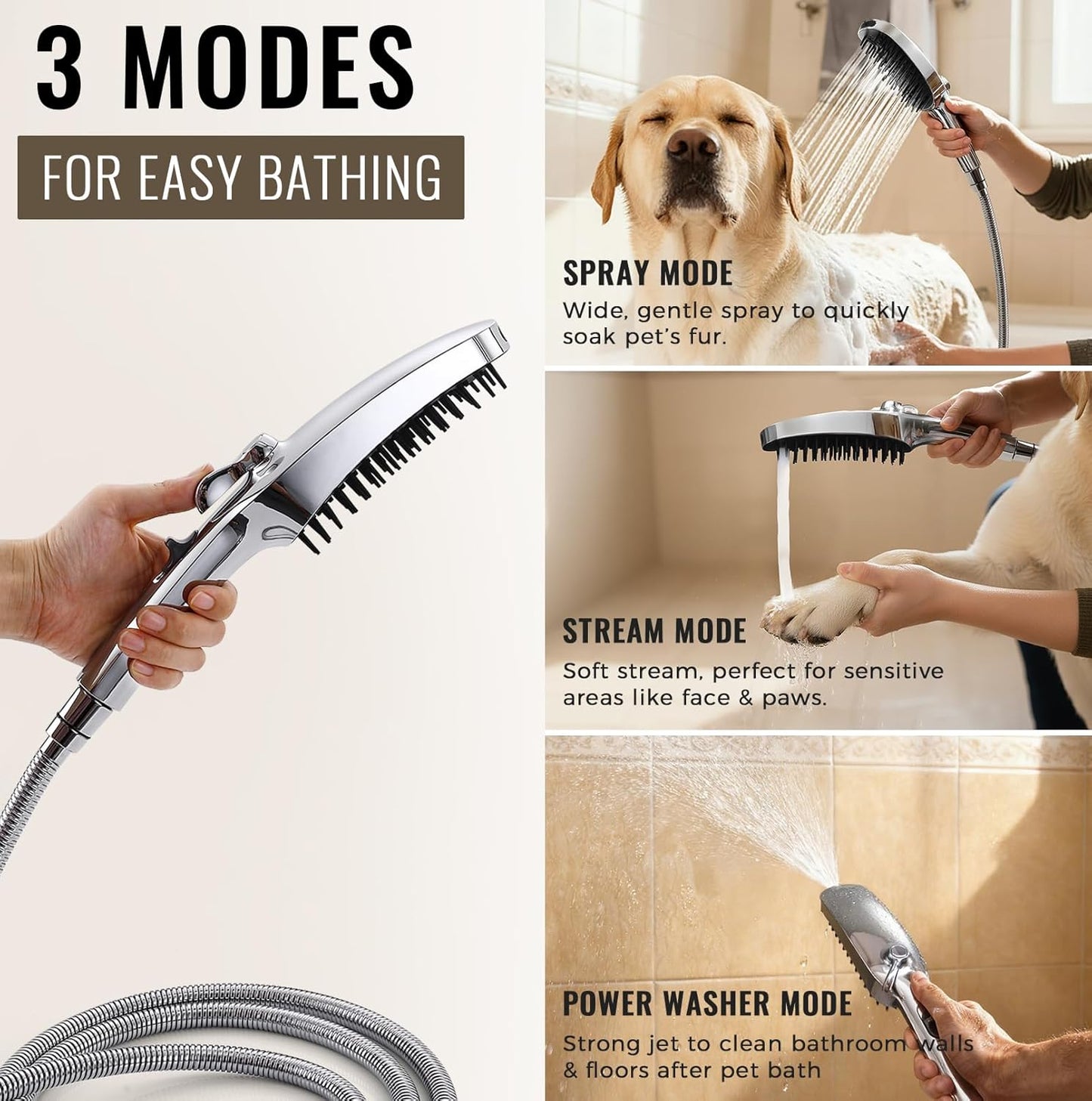 G-Promise 3 Mode Dog Shower Attachment with Pause Mode, Dog shower Sprayer with 100 Inches Stainless Steel Hose, Metal Diverter, Adhesive Holder, for Fast and Easy Dog Bathing and Cleaning(Chrome)