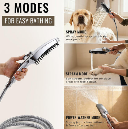 G-Promise 3 Mode Dog Shower Attachment with Pause Mode, Dog shower Sprayer with 100 Inches Stainless Steel Hose, Metal Diverter, Adhesive Holder, for Fast and Easy Dog Bathing and Cleaning(Chrome)