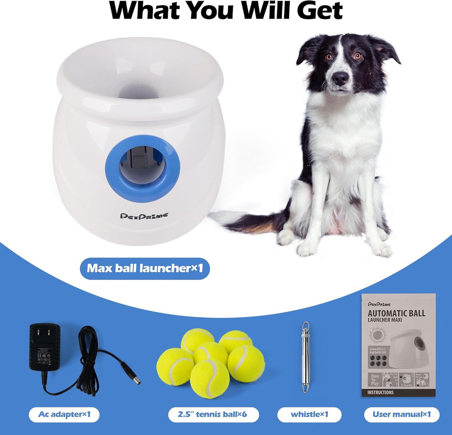 Pet Prime Dog Automatic Ball Launcher for Large Dogs Ball Thrower Machine Outdoor Indoor Use Interactive Dog Toy Adjustable Distance 10-40ft - Included 6 PCS 2.5” Tennis Balls and a Whistle