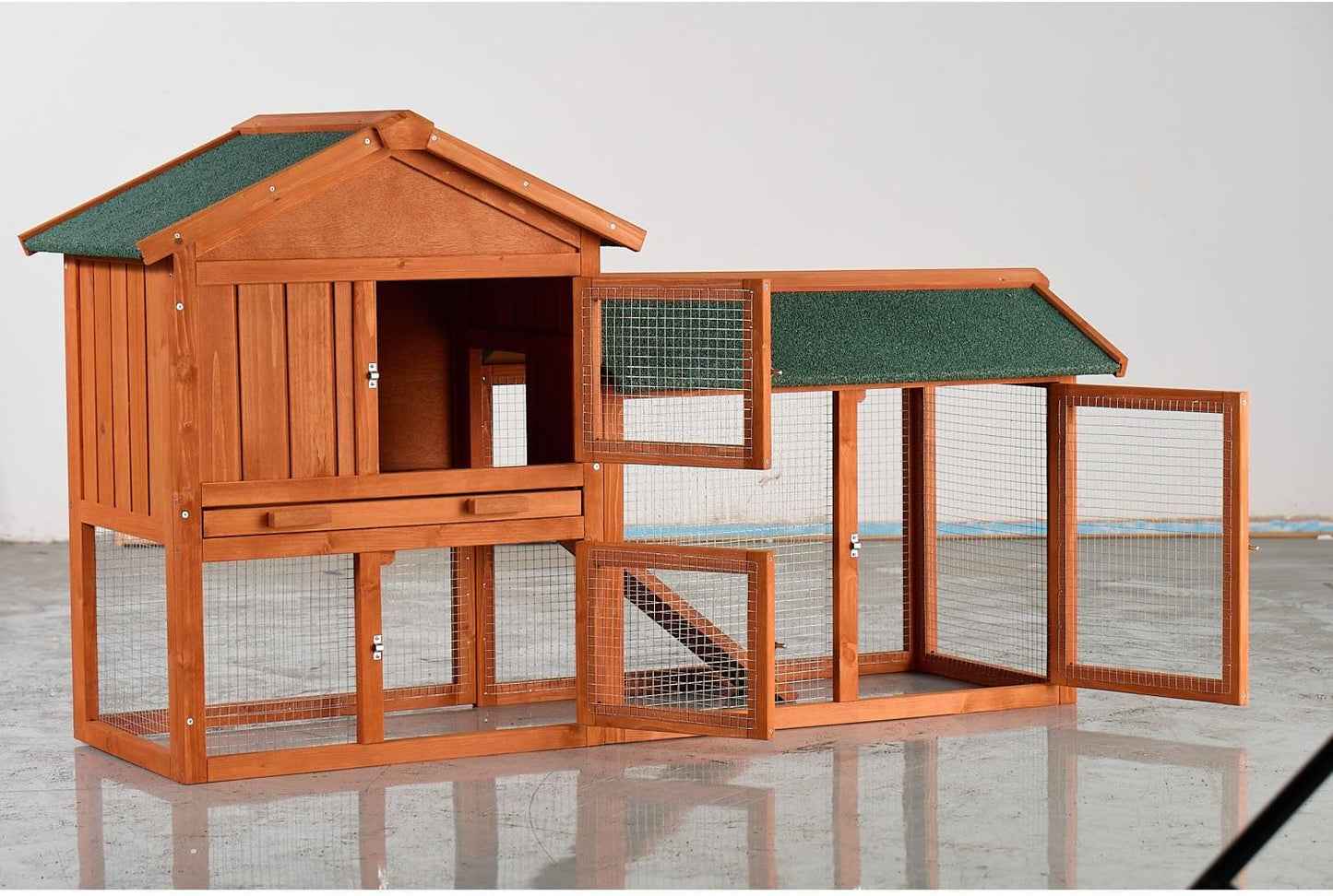 Large Wooden Rabbit Hutch Wood Brown Weather-Resistant Asphalt Roof Outdoor Porch Durable Pet Shelter