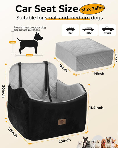 Dog Car Seat for Small/Medium Dogs, Detachable Washable Dog Booster Seat Under 35lbs, High-Support Memory Foam,Travel Bed with Storage Pockets