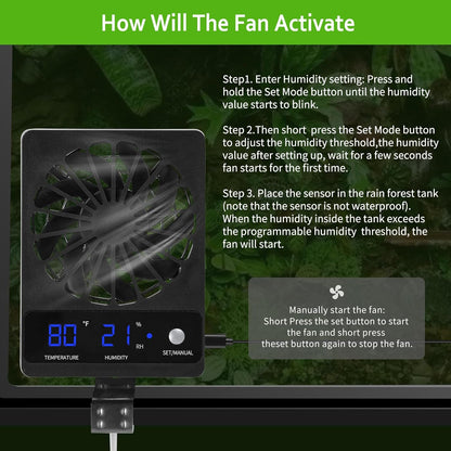 Reptile Tank Fan with Thermometer & Hygrometer | LED Display, Auto Ventilation for Enclosures & Terrariums
