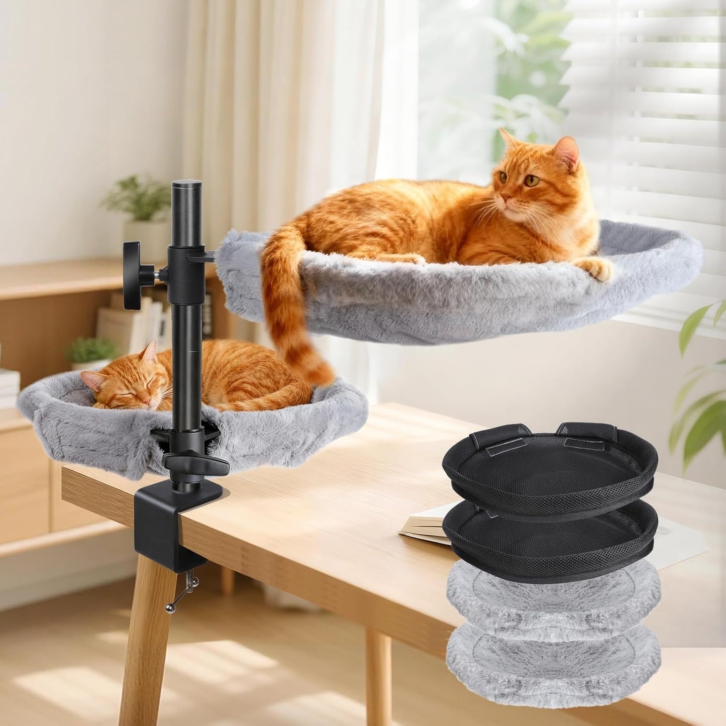 Topmart Double-Deck Cat Desk Bed with 360° Rotating & Adjustable Height, Cat Hammock for Desk with 4 Washable Pads, Kittens Bed for Desk Attachment for Home Office,Up to 45LBS, Grey & Black