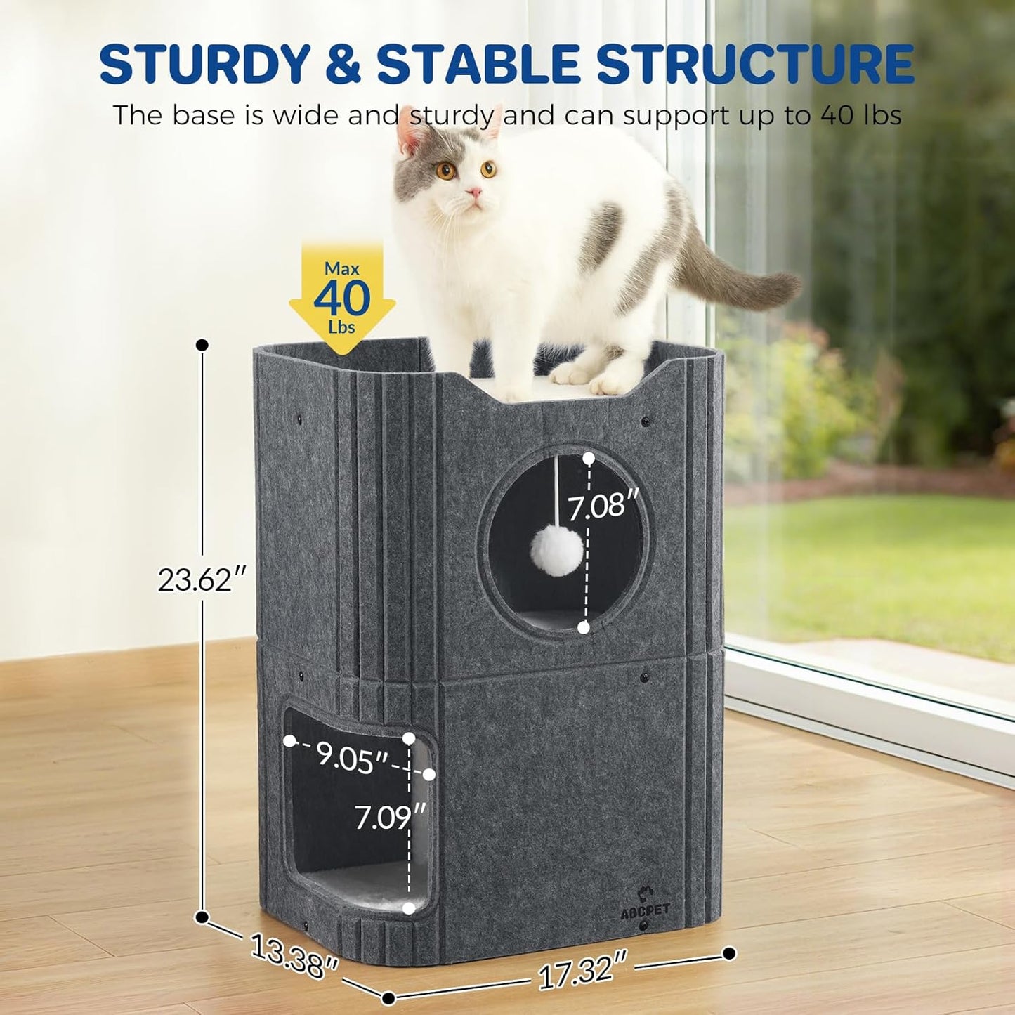 Cat House for Indoor Cats, 2-Storey Cat Bed Cave, Felt Cat Hideaway Condo with Resistant Scratching Freedom Kitten Cube for Multicats Dark Grey