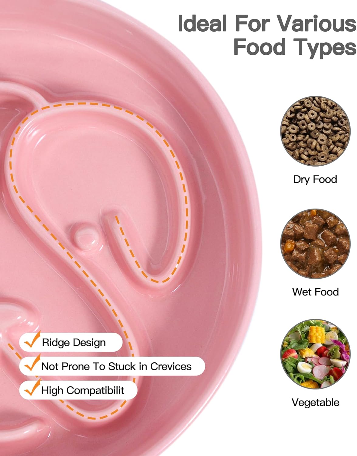 Slow Feeder Dog Bowl, Ceramic Dog Bowls 1.5 Cups Interactive Puzzle Feeder for Fast Eaters, Prevent Bloat & Choking, for Small Medium Large Dogs, Pink