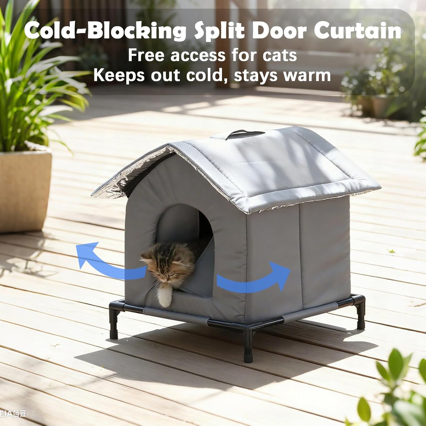 Cat Houses for Outdoor Cats,Self-Warming Cat Bed Outdoor Cat Feeding Satation,Insulated Outside Cat Houses Weatherproof for Stray Cats,Warm Elevated Feral Cats Shelter for Winter (Grey)