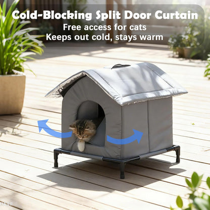 Cat Houses for Outdoor Cats,Self-Warming Cat Bed Outdoor Cat Feeding Satation,Insulated Outside Cat Houses Weatherproof for Stray Cats,Warm Elevated Feral Cats Shelter for Winter (Grey)