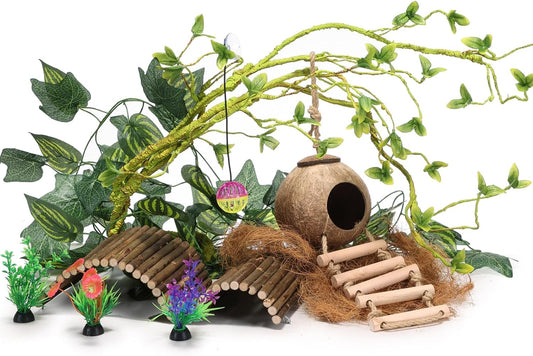 Crested Gecko Tank Accessories，Reptile Vines Plants with Coconut Shell Ladder Hideout Hermit Crab Decor for Bearded Dragon Lizard Chameleon Tortoise Snake