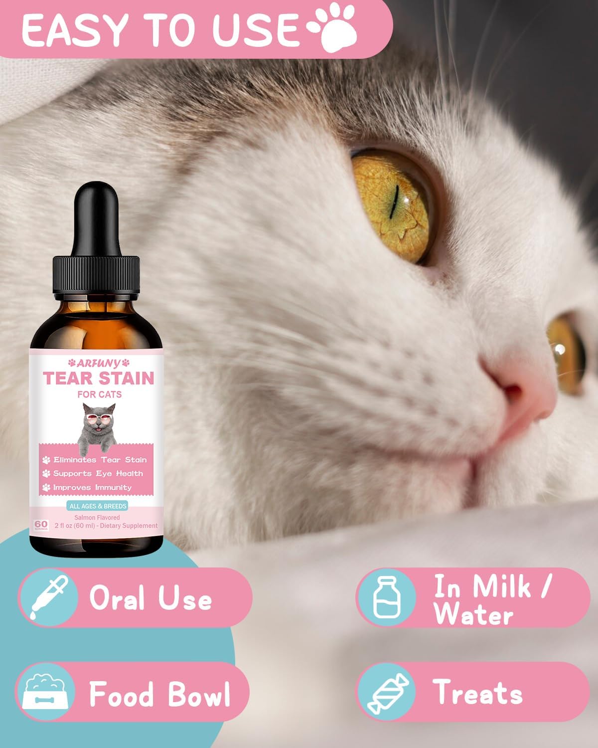 Lysine for Cats & Tear Stain Remover - Supporting Normal Visual Function, Tear Stain Elimination, Cold Relief - Cat Respiratory and Eye Infection Treatment for Runny Nose and Watery Eyes
