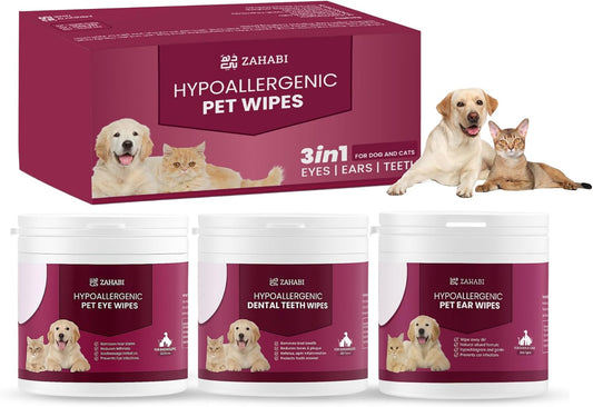 ZAHABI 3-in-1 Pet Wipes for Dogs & Cats, Hypoallergenic Eye, Ear & Teeth Cleaning Wipes, 100 Eye + 50 Ear & 50 Teeth Wipes, Tear Stain Remover, Ear Wax Cleaner, Breath Freshener, Pet Grooming Wipes